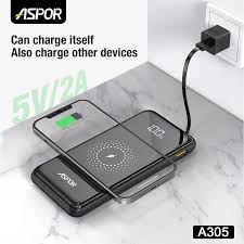 ASPOR A305 10000mAh 15W Wireless Charging Power Bank with 4 Cables