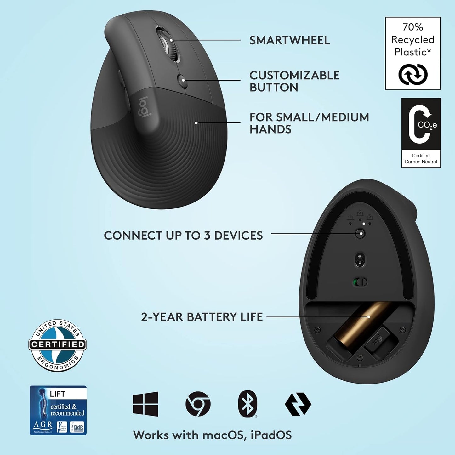 LIFT VERTICAL Wireless MOUSE - Gray